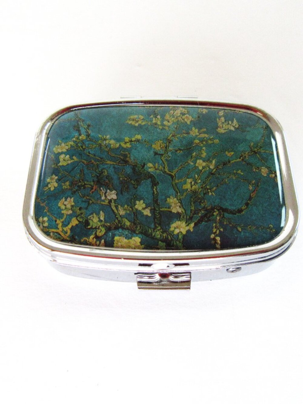 Pill box with mirror - 2 sections - floral print - Mid Century Revival